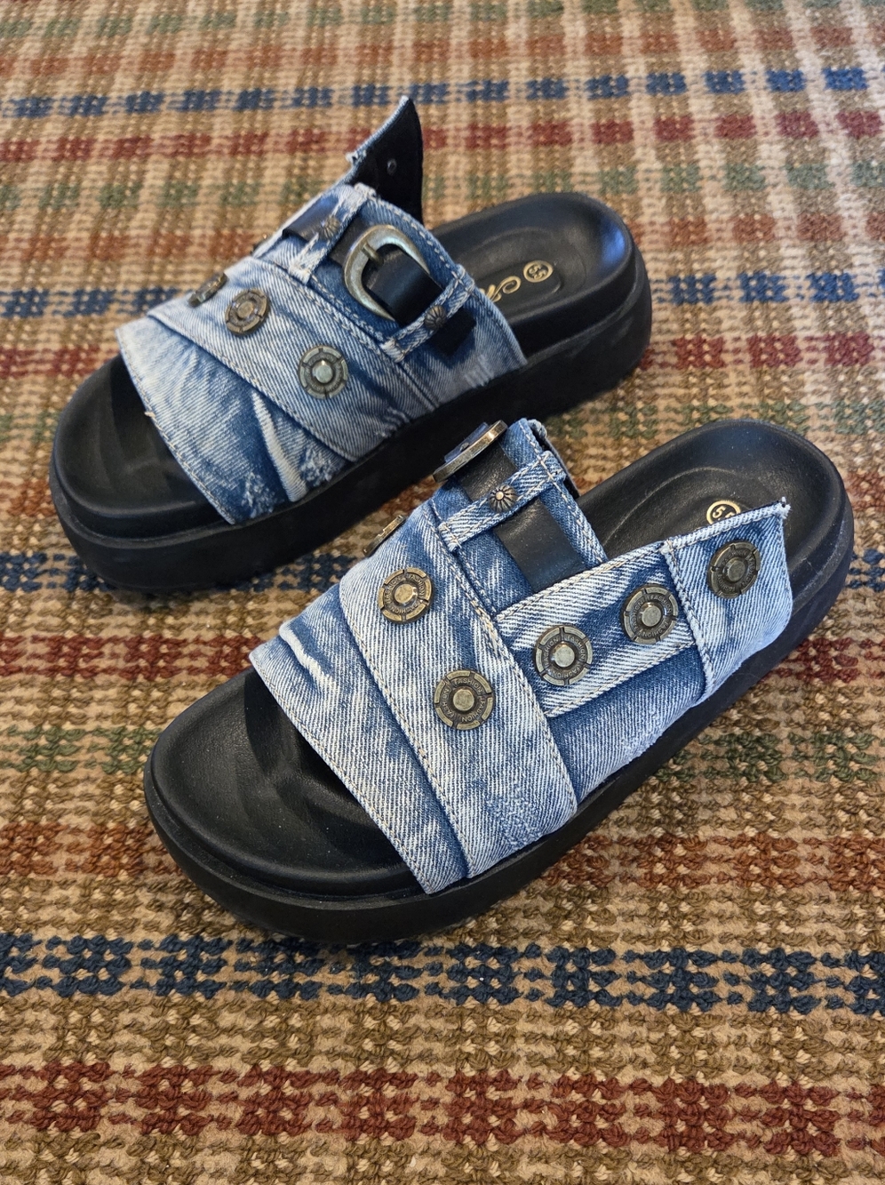 Size 5.5 Platform Chunky Mata Denim Button Buckle Belt Slides Funky Kitsch Y2k